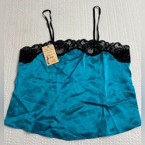 Femme Fatale 100% Silk Bright Blue Lace Trim Top Size L Designer Classic Retro